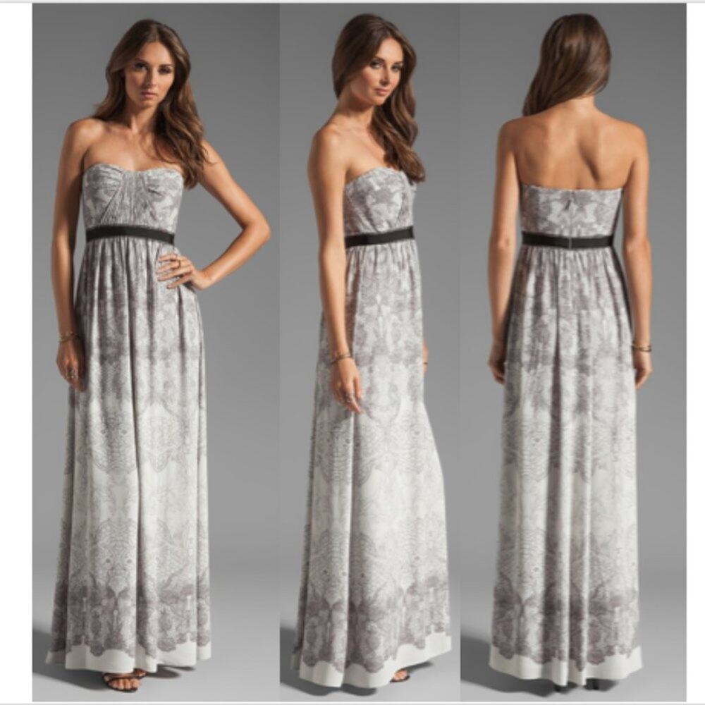 BCBGMaxAzria Amber Column Maxi Gown in Ebony Blue Combo Lace Print Size 2